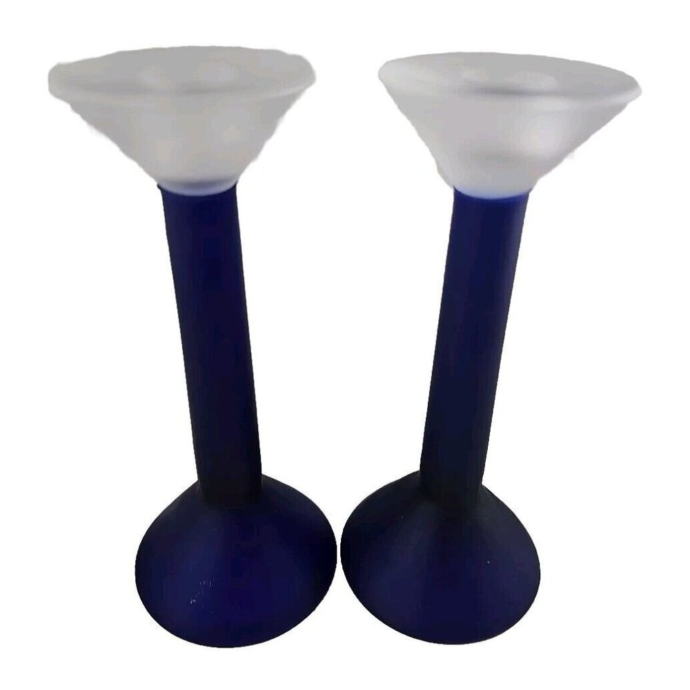 Frosted Cobalt Blue Candlesticks 7in vtg satin glass hourglass colorblock 2pc